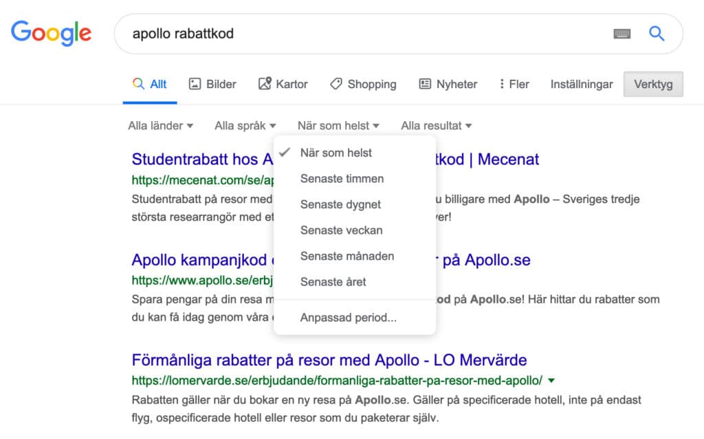 Sökning efter Apollo rabattkod på Google